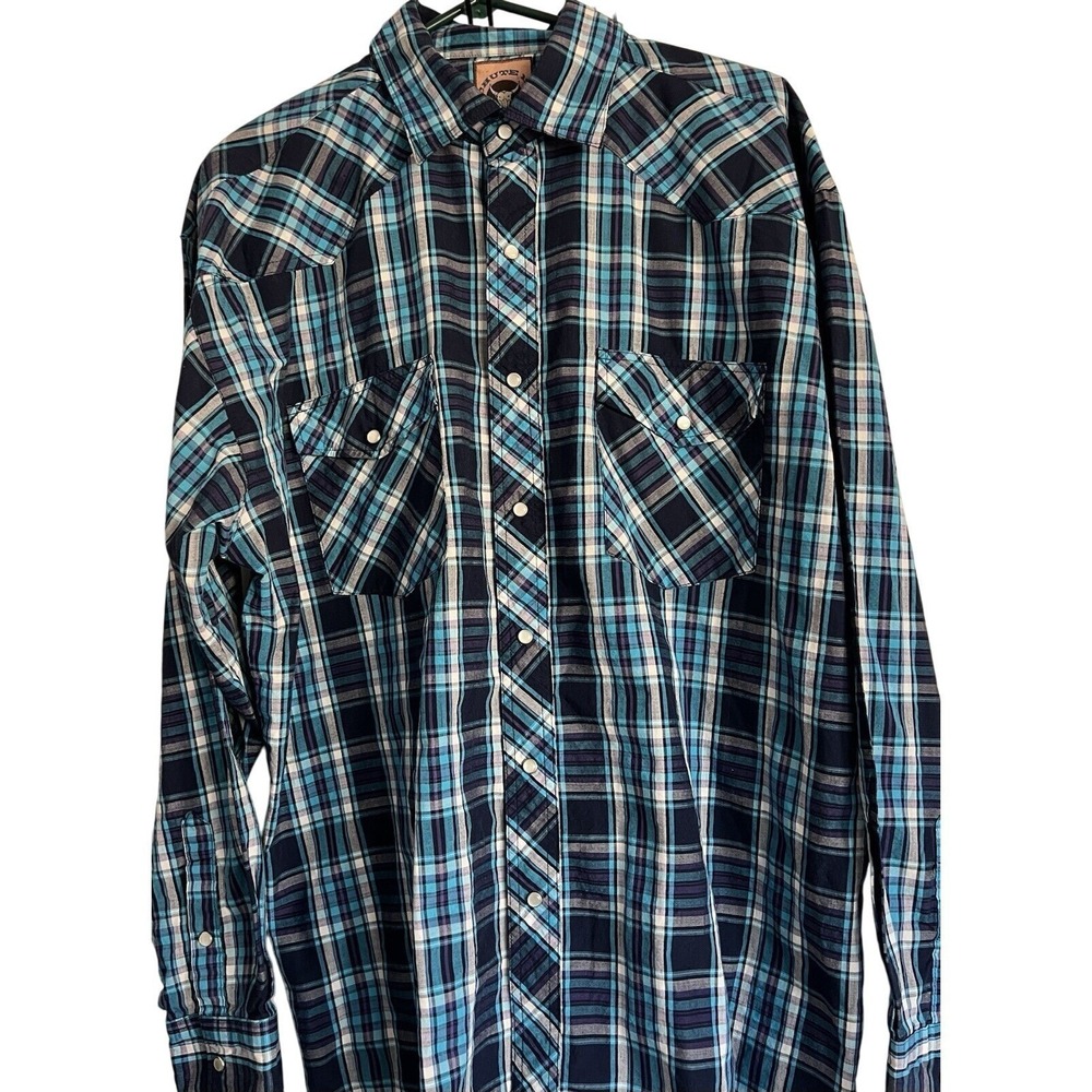 Chute 1 Mens XL Western Snap Shirt Blue Teal Plaid Long Sleeve Pearl Snap Yoke